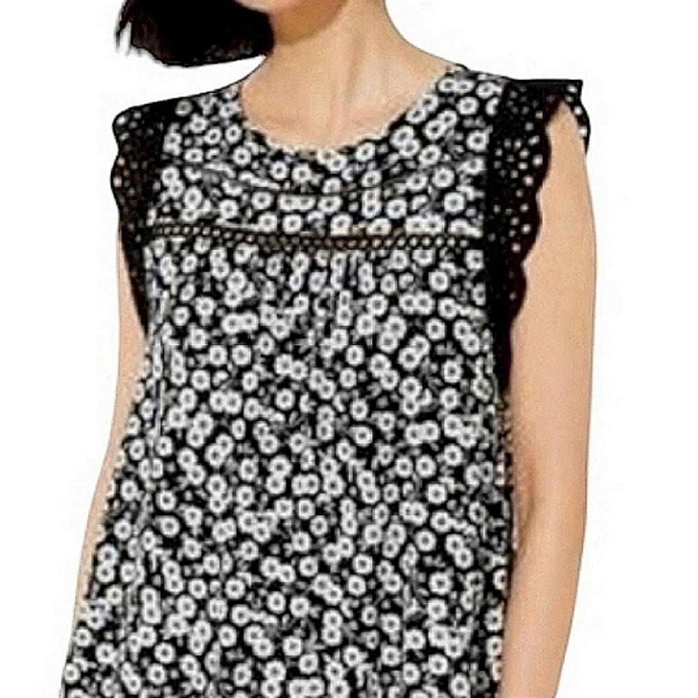 LOFT Women's Blouse Black & White Floral Print Black Flutter Eyelet Sleeves